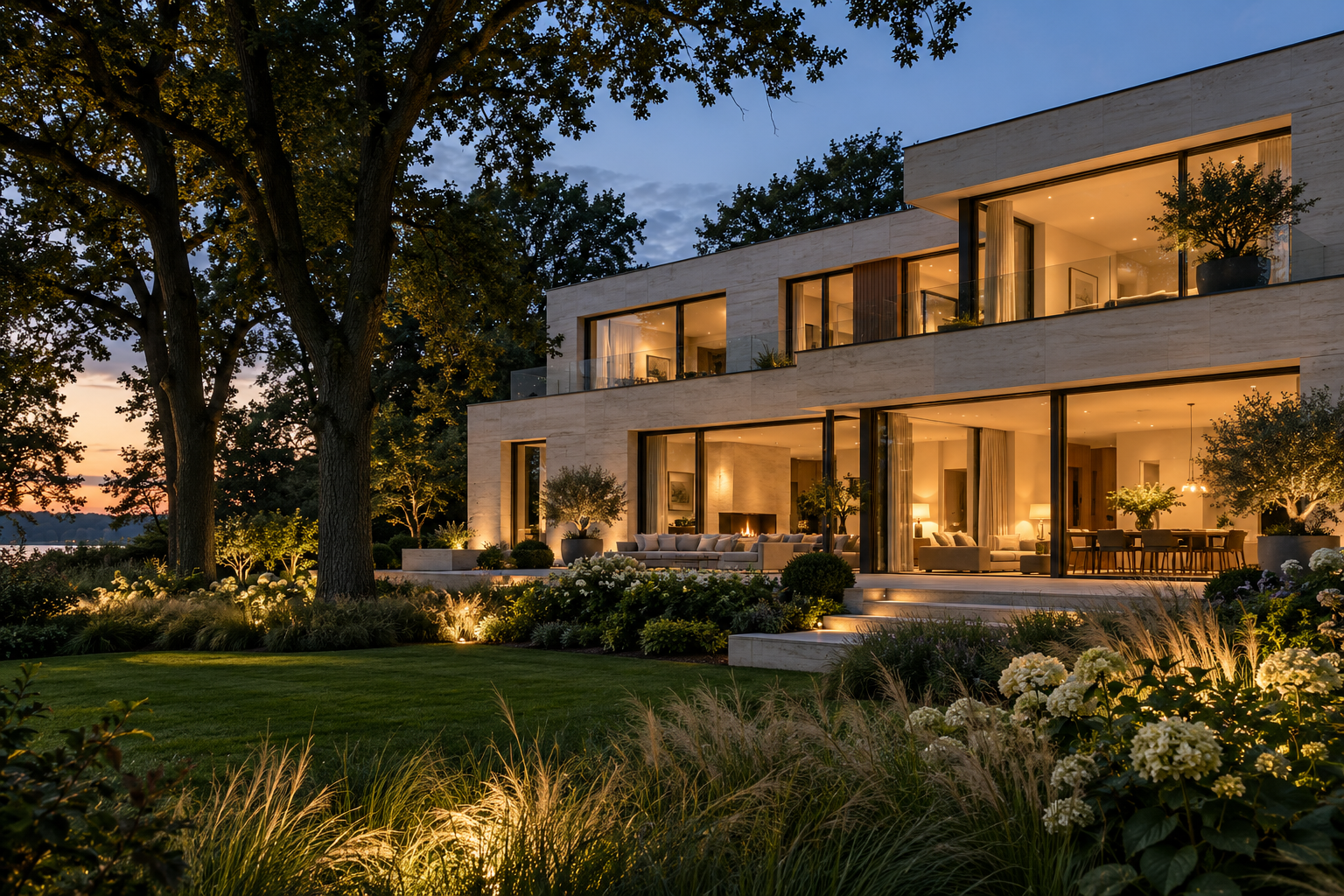 Zeitgenössische Gartenresidenz im Abendlicht